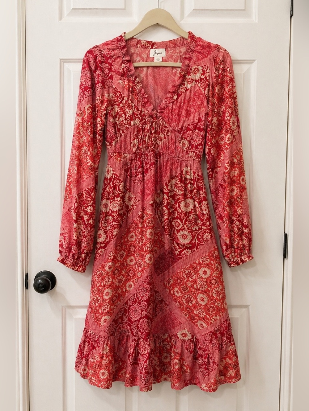 Japna Floral Pink & Red Long-sleeve Maxi Dress Size Small